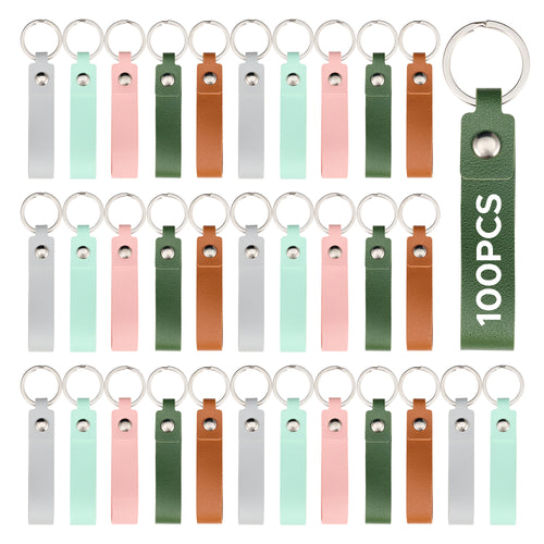 OMTech 50pc/100pc/200pc Leather Key Fob Kit, PU Leather Keychain Blanks with Rivets and Key Rings