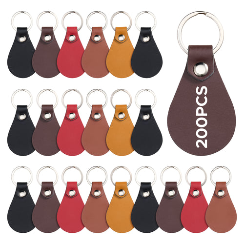 OMTech 50pc/ 100pc/ 200pc Leather Key Fob Kit, Drop Shaped Leather Key Chain Key Tag Bulk for Laser Engraving Keychain Making DIY Craft