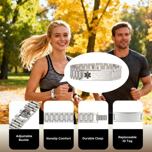 OMTech Medical Alert ID Bracelets, Stainless Steel Adjustable Wrist Straps for Men Women Kids