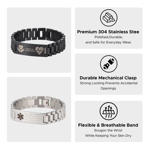 OMTech Medical Alert ID Bracelets, Stainless Steel Adjustable Wrist Straps for Men Women Kids