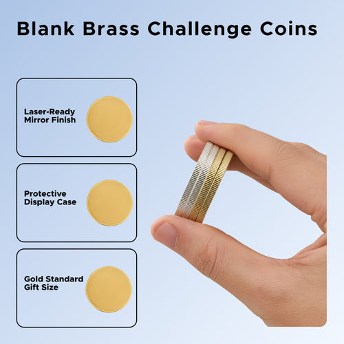 OMTech Blank Brass Challenge Coins, 40 mm 20pc Custom Coin Set for Laser Engraving with 10 Brass & 10 Silver