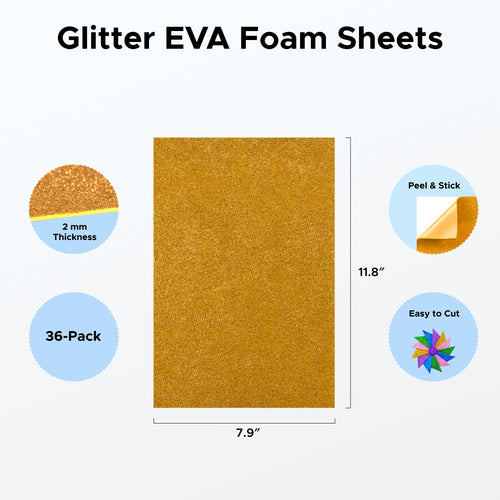 OMTech Self-Adhesive Glitter EVA Foam Sheets, 36 Pack 12 Assorted Colors 12 x 8 in Craft Foam Sheets, Peel & Stick Sparkle Foam Papers for DIY Crafts School Projects Decorations