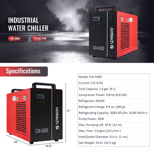Pre-Owned OMTech CW-5000 Industrial Water Chiller for 50-100W CO2 Laser Engraving Machine