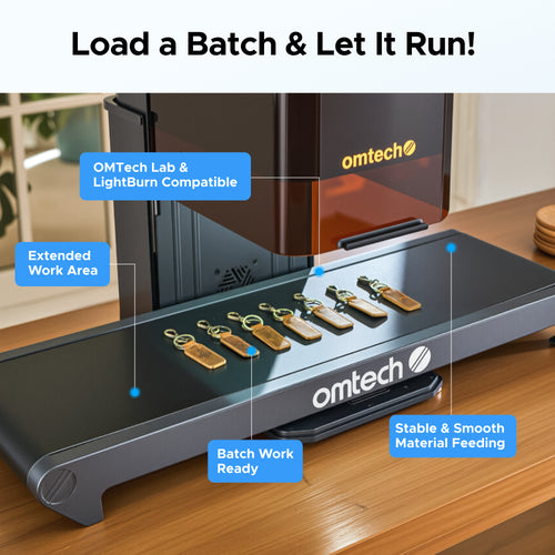 OMTech Solis Duo laser engraver with 250x900mm conveyor belt extension for long materials