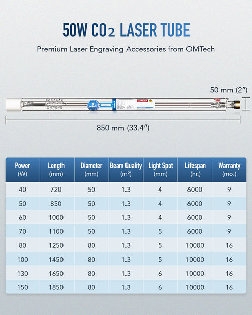 50W CO2 Laser Tube with Metal Head for Laser Engraver & Cutter Machine (Not compatible with the Polar series machines.)