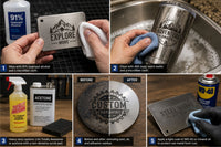showing the three best ways to clean metal after laser engraving: isopropyl alcohol, dish soap, LA's totally awesome, etc