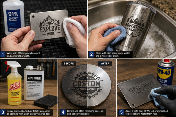 showing the three best ways to clean metal after laser engraving: isopropyl alcohol, dish soap, LA's totally awesome, etc