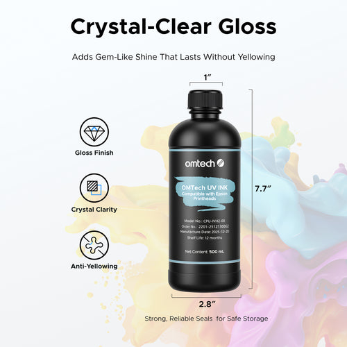 OMTech 4-Bottle 500 ml UV Ink Set, White Ink & Gloss Varnish