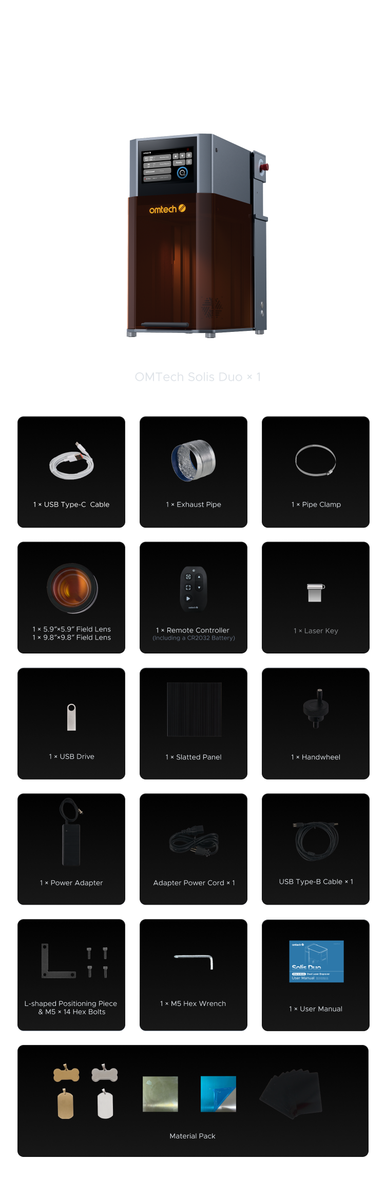 OMTech Solis Duo package contents, including the machine, field lens, remote, cables, exhaust hose and material samples.