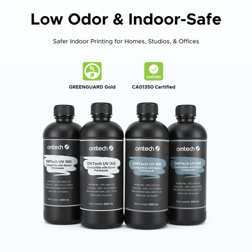 OMTech 4-Bottle 500 ml UV Ink Set, White Ink & Gloss Varnish