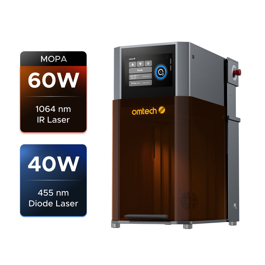 OMTech Solis Duo enclosed laser engraver with 60W MOPA 1064 nm and 40W diode 455 nm laser specifications.