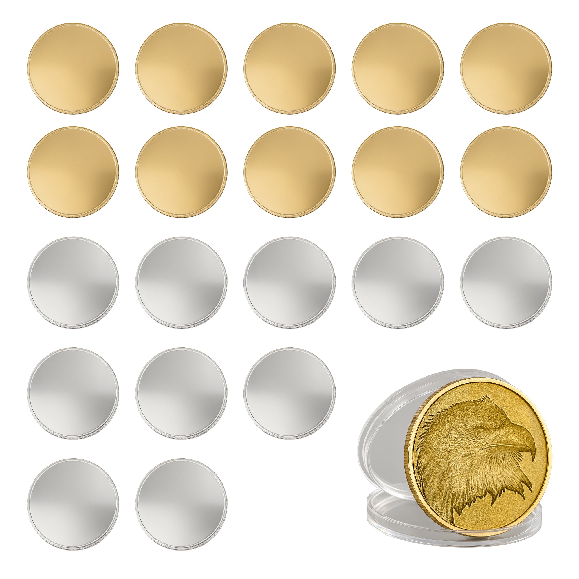 OMTech Blank Brass Challenge Coins, 40 mm 20pc Custom Coin Set for Laser Engraving with 10 Brass & 10 Silver