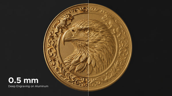 Gold-colored eagle relief sample labeled 0.5 mm deep engraving on aluminum.