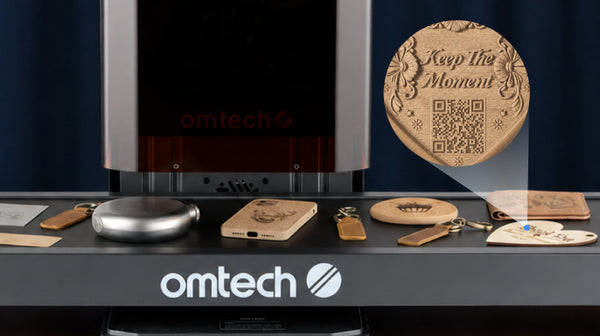 Inset showing engraved lettering and a QR code on wood, above assorted conveyor projects.