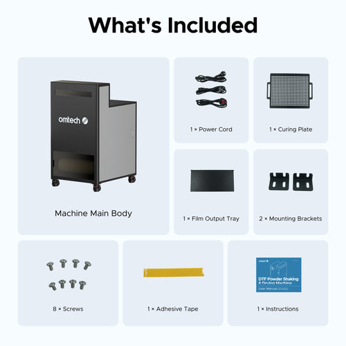 OMTech DTF powder shaker dryer package contents and included