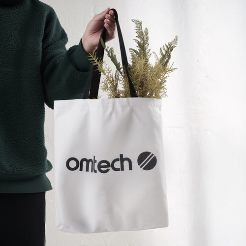 OMTech Logo Canvas Tote Bag (White with Black Strap)