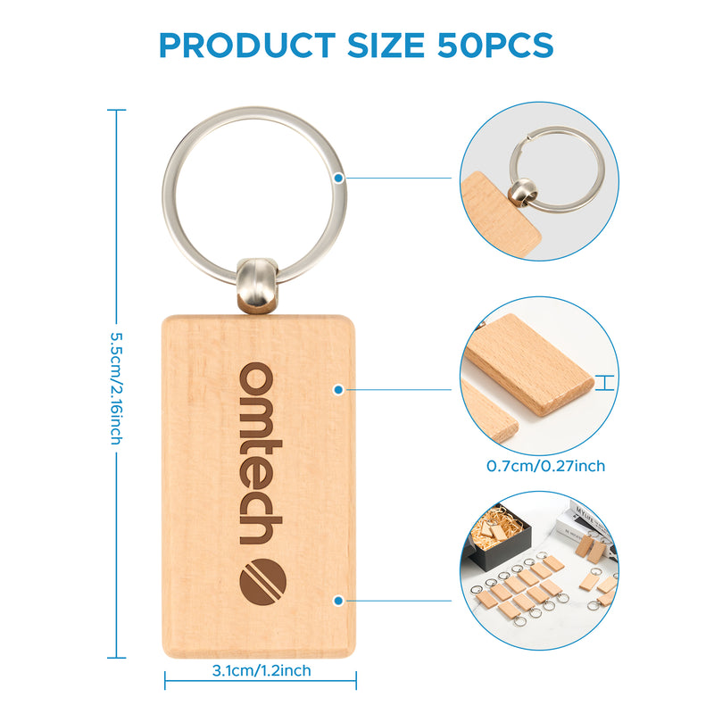 OMTech 30pc/50pcs/100pc Wooden Keychain Blanks, Unfinished Wooden Key