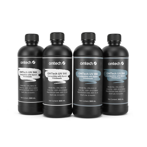 OMTech 4-Bottle 500 ml UV Ink Set, White Ink & Gloss Varnish