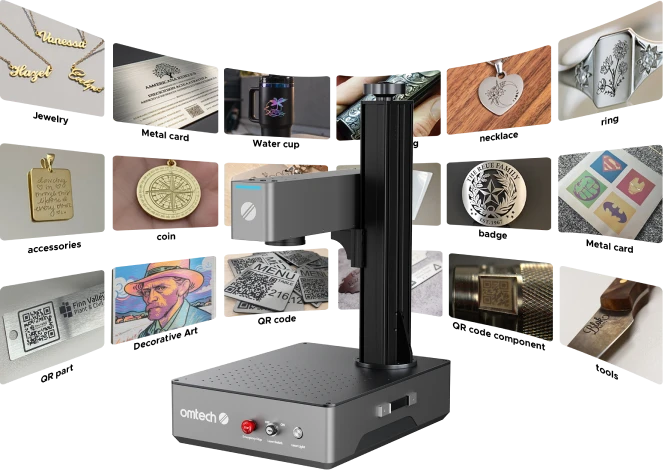 M2S laser marker surrounded by examples of jewelry, drinkware, metal cards, QR codes, decorative art, and tools.