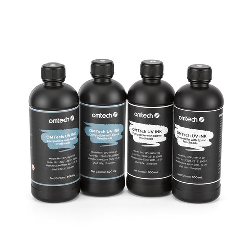 OMTech 4-Bottle 500 ml UV Ink Set, White Ink & Gloss Varnish