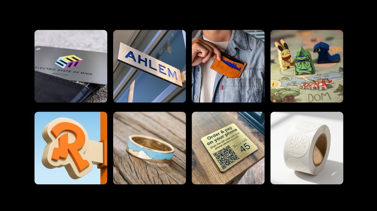 Personalization examples including a metal business card, signs, leather goods, jewelry, a QR code plate and labels.