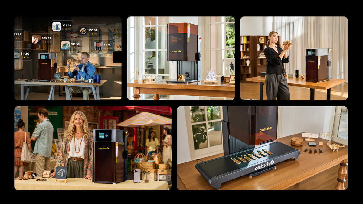 OMTech Solis Duo in workshops, studios and a craft market, with personalized products and a conveyor for batch work.