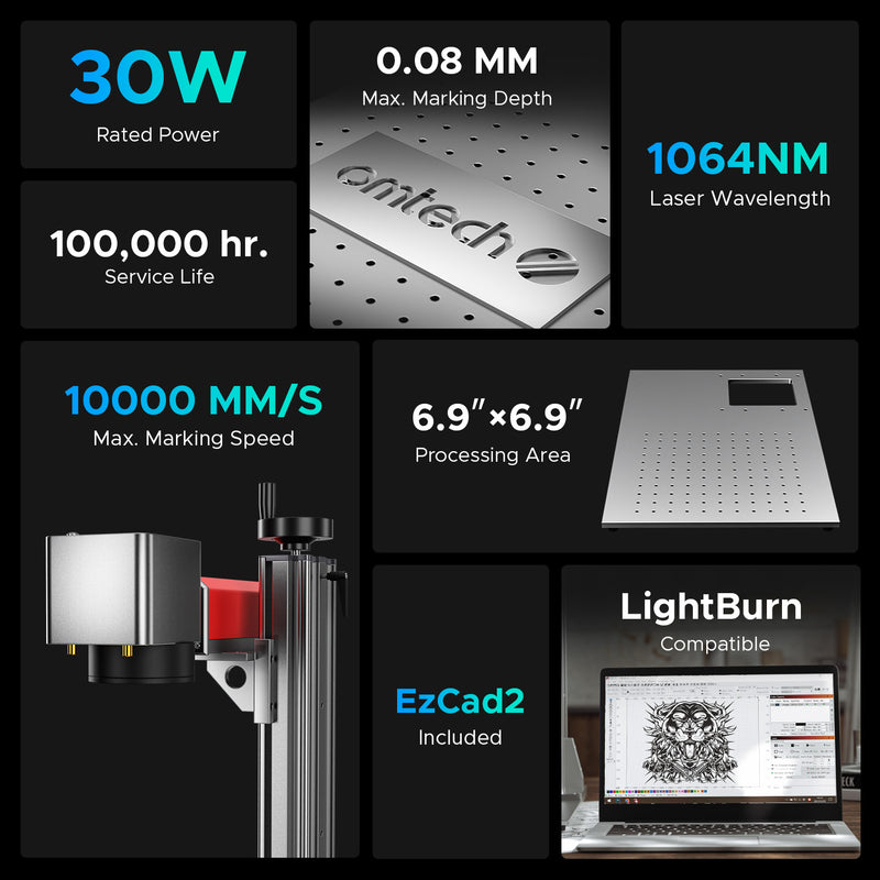 OMTech MOPA 30W Split Fiber Metal Engraving Machine with 6.9" x 6.9" Working Area