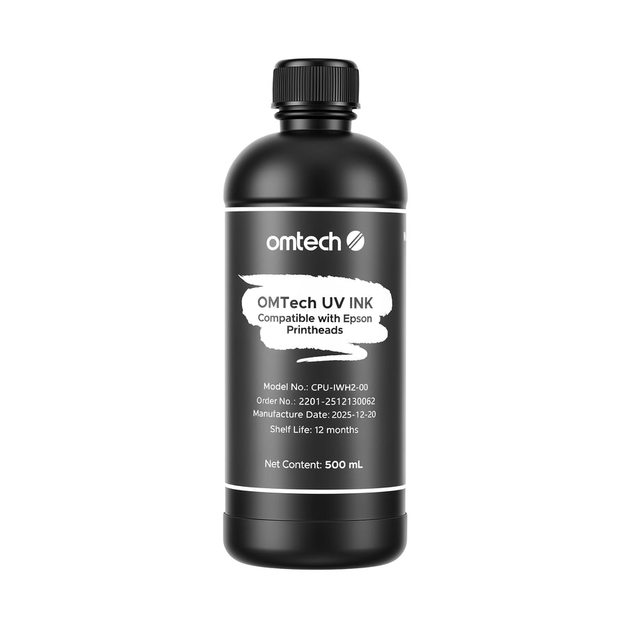 OMTech 4-Bottle 500 ml UV Ink Set, White Ink & Gloss Varnish