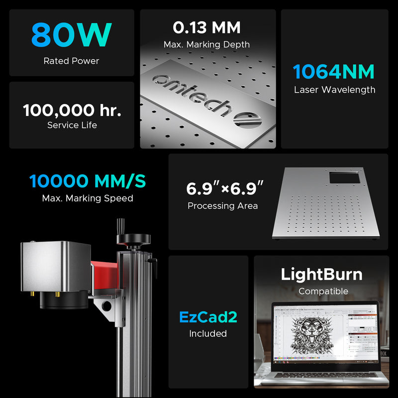 OMTech MOPA 80W Split Fiber Laser Marking Machine with 6.9" x 6.9" Working Area