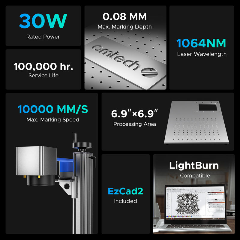 OMTech Galvo 30W Split Fiber Laser Engraver and Marker with 6.9" x 6.9" Working Area
