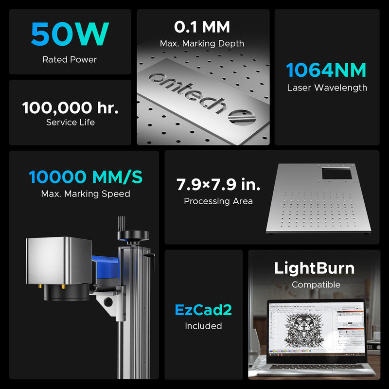 OMTech Galvo 50W Split Fiber Laser Engraver for Metal with 7.9" x 7.9" Working Area