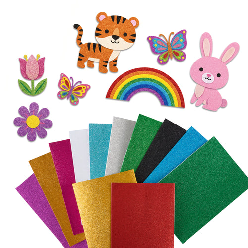 OMTech Self-Adhesive Glitter EVA Foam Sheets, 36 Pack 12 Assorted Colors 12 x 8 in Craft Foam Sheets, Peel & Stick Sparkle Foam Papers for DIY Crafts School Projects Decorations