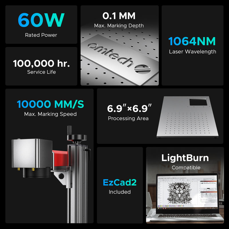 OMTech MOPA 60W Split Fiber Laser Engraver with 6.9" x 6.9" Working Area