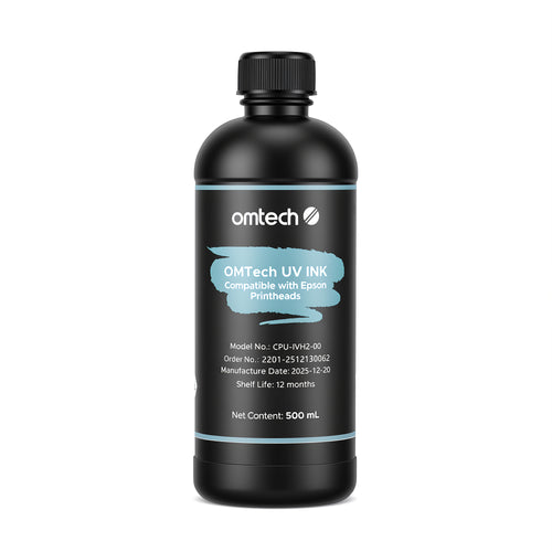 OMTech 4-Bottle 500 ml UV Ink Set, White Ink & Gloss Varnish