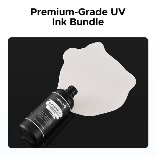 OMTech 4-Bottle 500 ml UV Ink Set, White Ink & Gloss Varnish