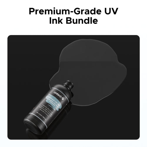 OMTech 4-Bottle 500 ml UV Ink Set, White Ink & Gloss Varnish