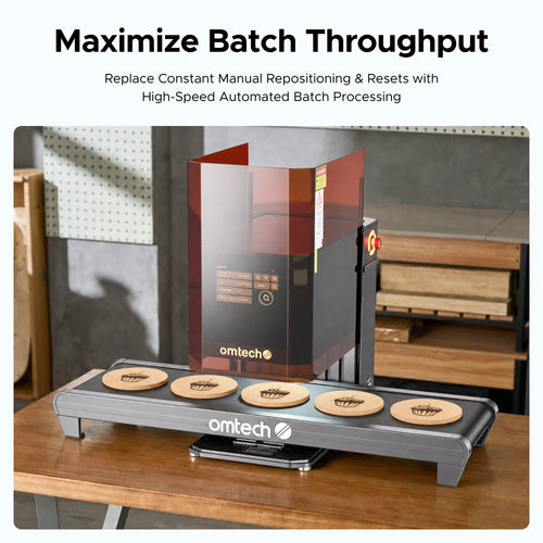 OMTech Solis Duo conveyor belt feeding long wood and acrylic materials for continuous laser engraving
