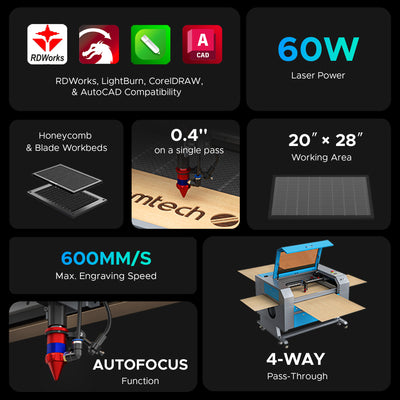 OMTech Maker AF2028-60 60W CO2 Laser Engraver and Cutter with 20" x 28" Working Area and Autofocus