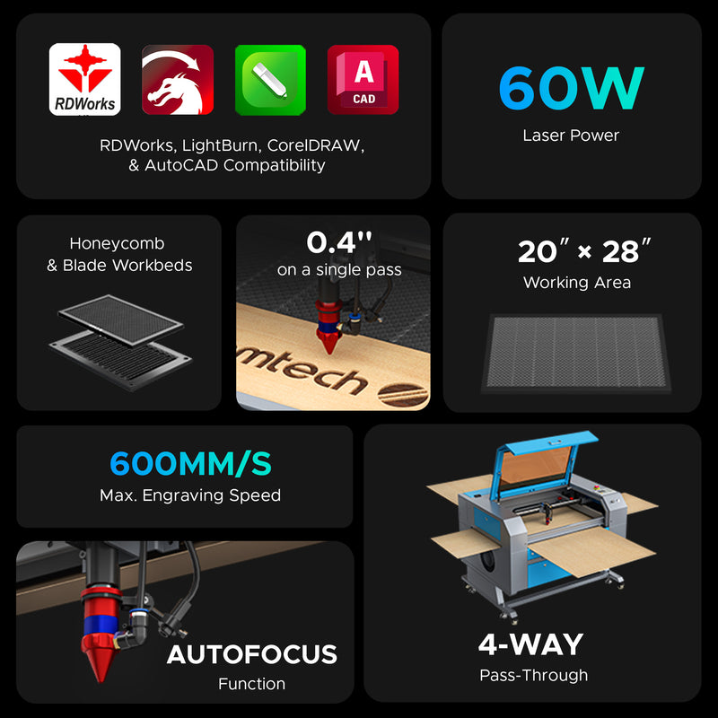 OMTech Maker AF2028-60 60W CO2 Laser Engraver and Cutter with 20" x 28" Working Area and Autofocus