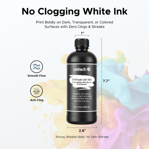 OMTech 4-Bottle 500 ml UV Ink Set, White Ink & Gloss Varnish