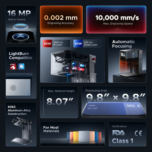 OMTech Solis Duo 50W Fiber & 40W Diode Dual Laser Engraver with Autofocus