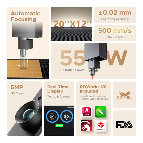 OMTech Polar Lite 55W Desktop CO2 Laser Engraver and Cutter