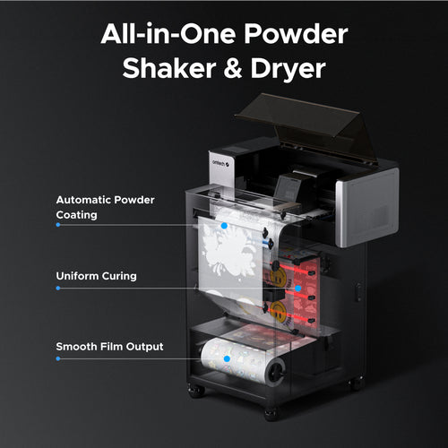 Automatic powder coating and uniform curing workflow for DTF transfers
