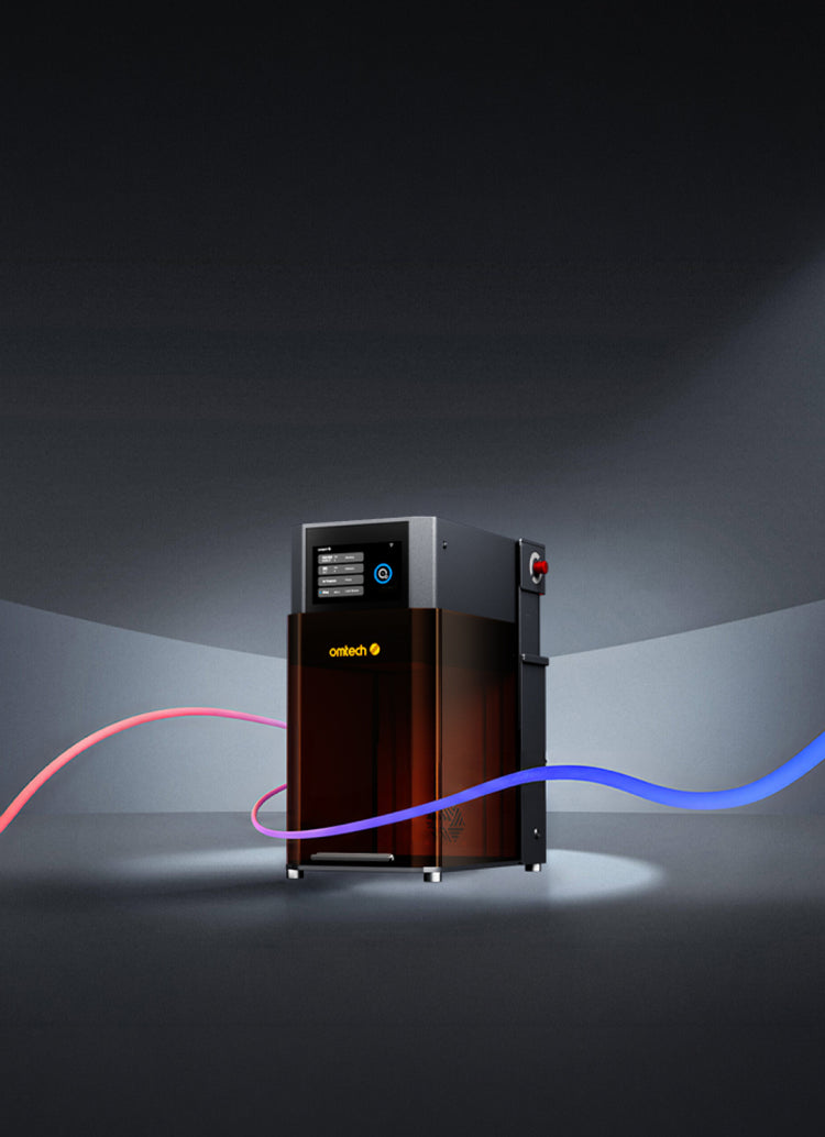 OMTech Solis Duo dual laser engraver with red and blue light trails on a dark background.
