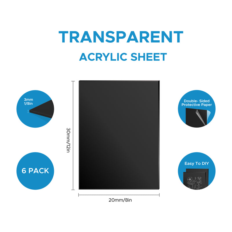 OMTech 6 Pack Colored Acrylic Sheets, 8"x12" Plexiglass Sheets with 0.1" Thickness for Laser Engraving & Cutting