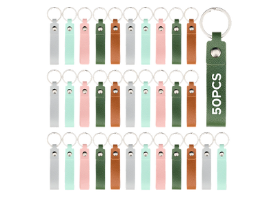 OMTech 50pc/100pc/200pc Leather Key Fob Kit, PU Leather Keychain Blanks with Rivets and Key Rings