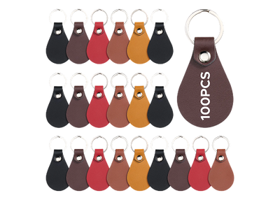 OMTech 50pc/ 100pc/ 200pc Leather Key Fob Kit, Drop Shaped Leather Key Chain Key Tag Bulk for Laser Engraving Keychain Making DIY Craft