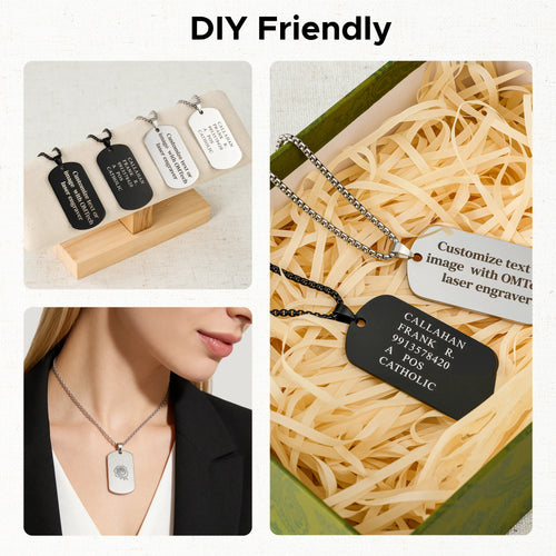 OMTech Dog Tag Necklace Set, Stainless Steel Necklaces with Chains for Laser Engraving