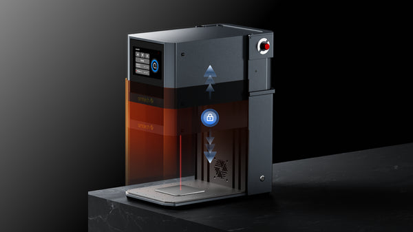 Autofocus illustration showing vertical adjustment for switching between MOPA and diode laser jobs without refocusing.
