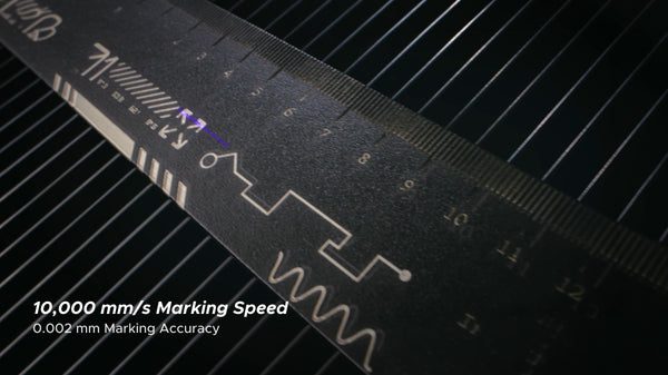Laser marking sample labeled 10,000 mm/s marking speed and 0.002 mm marking accuracy.